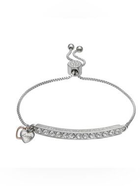 Silver Crystal Bar Slider Bracelet with Heart Accent - "Mother Daughter"
